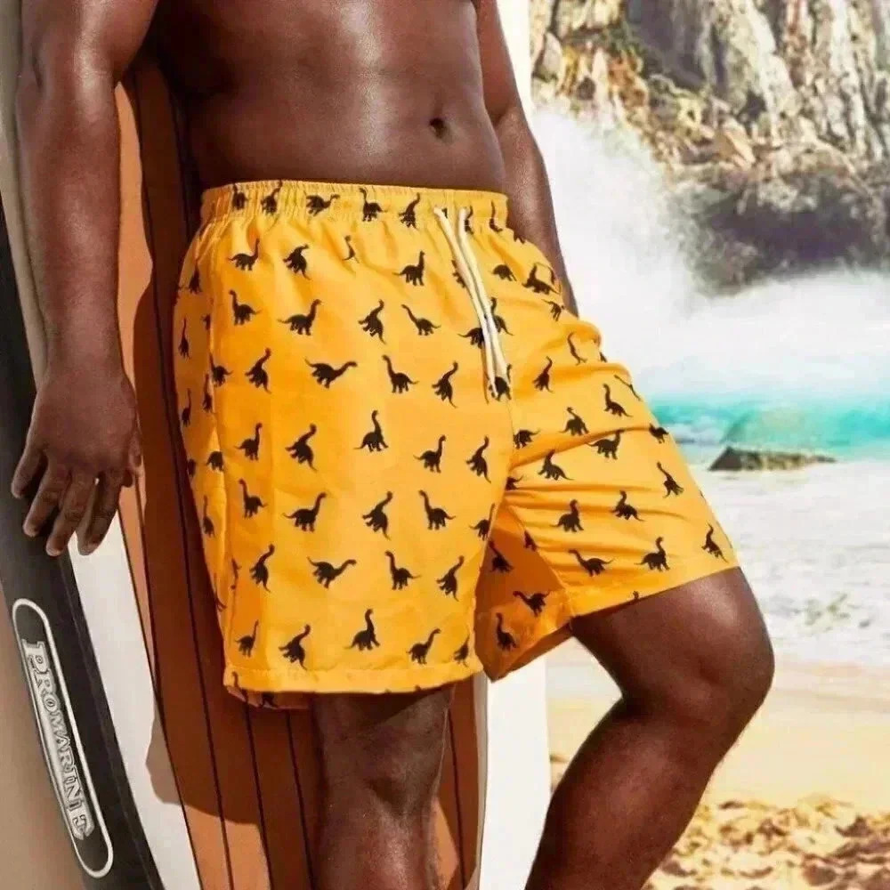 Yellow Vacation Style Men's Dinosaur Print Swim Trunks
